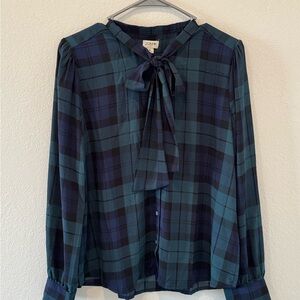 J. Crew Checkered Bow Blouse - Navy and Teal